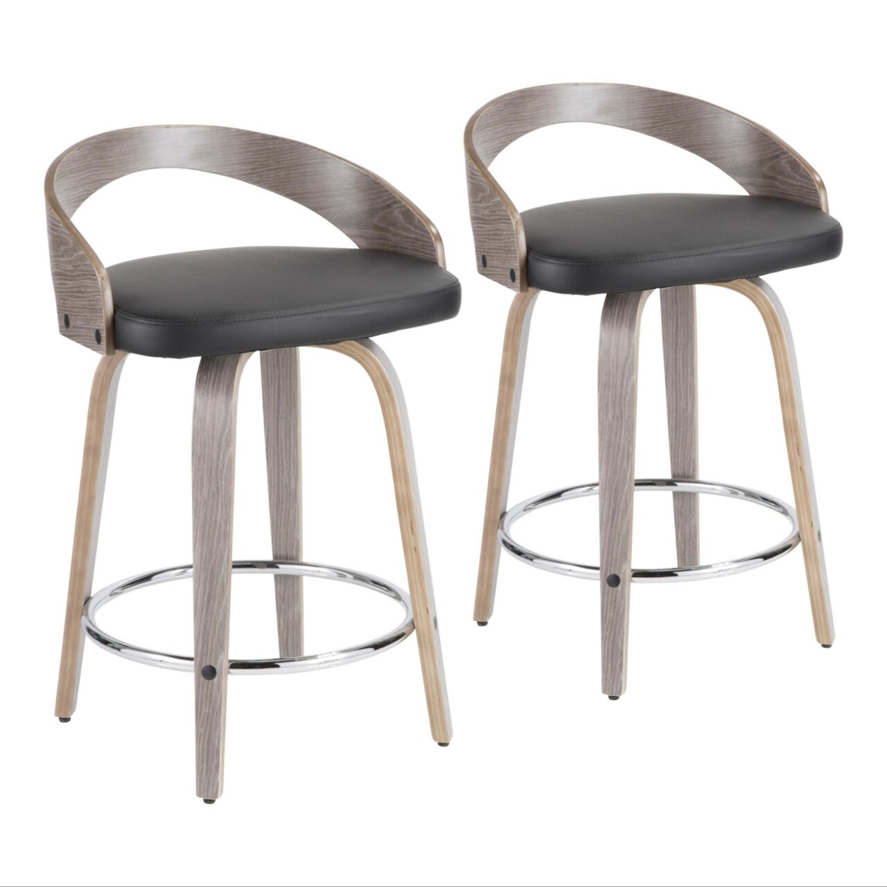 Lumisource Grotto 25" Mid-Century Modern Fixed Height Counter Stool With Swivel In Light Grey Wood And Black Faux Leather - Set Of
